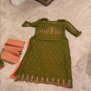 Salwar Kameez Olive Green and Coral Salwar